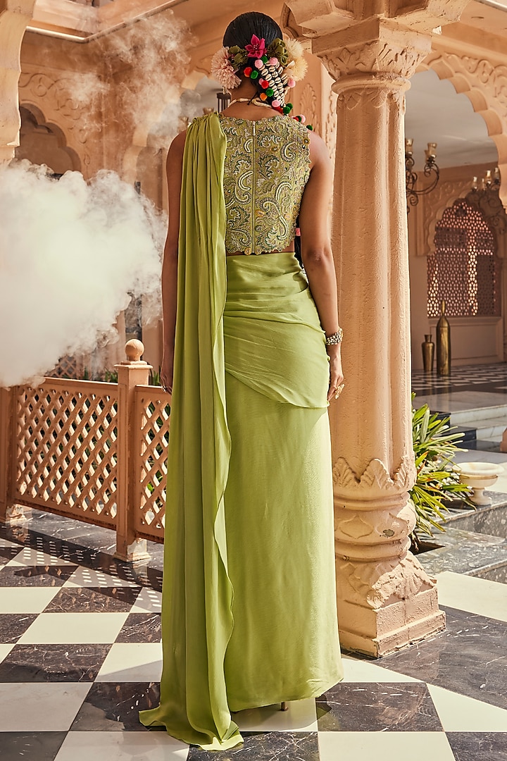 Apple Green Satin Chiffon Pre-Draped Wedding Saree Set by Anu Pellakuru at Pernia's Pop Up Shop