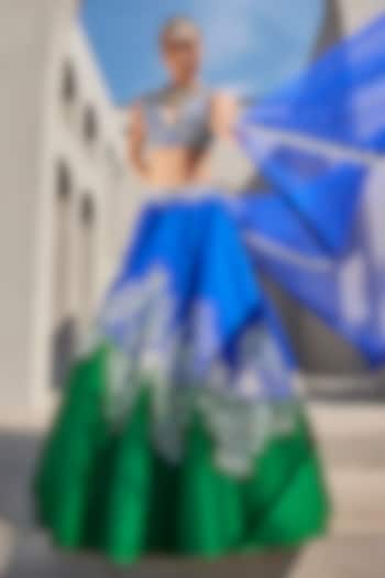 Electric Blue & Emerald Green Raw Silk Resham Embroidered Bridal lehenga for 22 Lehenga Set by Anu Pellakuru at Pernia's Pop Up Shop