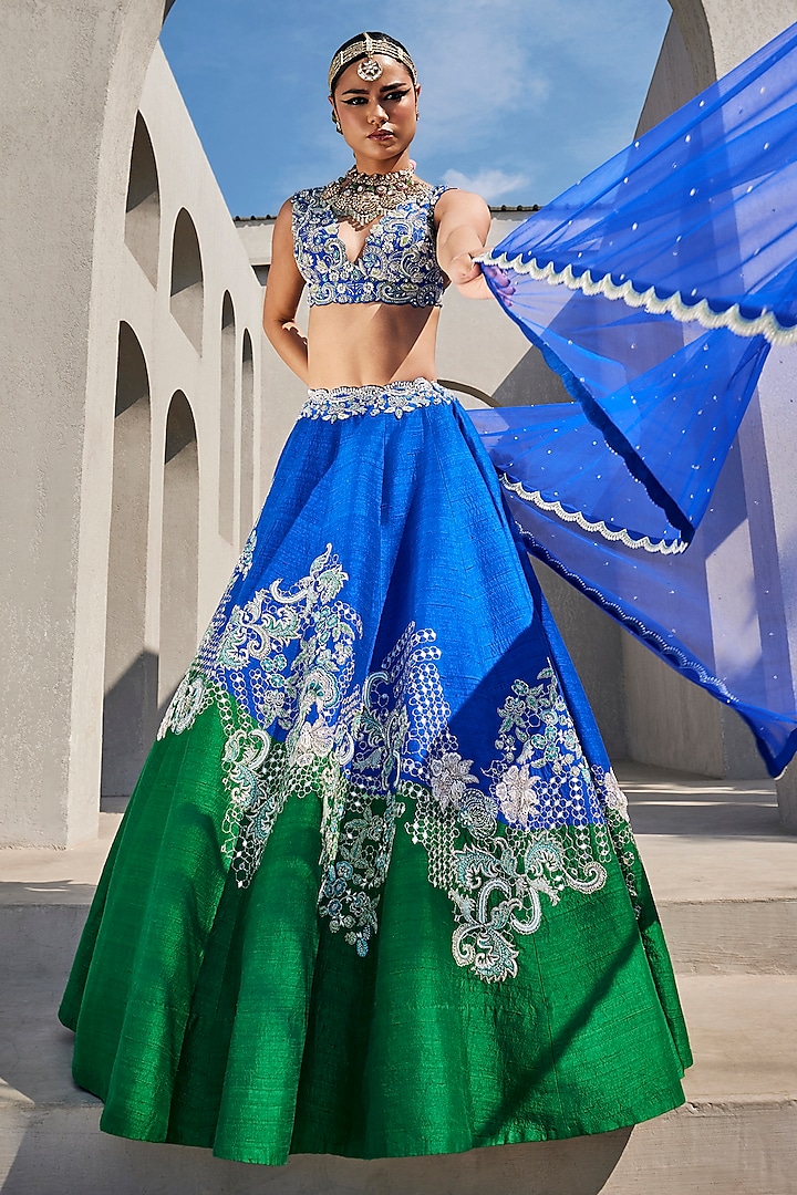 Electric Blue & Emerald Green Raw Silk Resham Embroidered Bridal lehenga for 22 Lehenga Set by Anu Pellakuru at Pernia's Pop Up Shop
