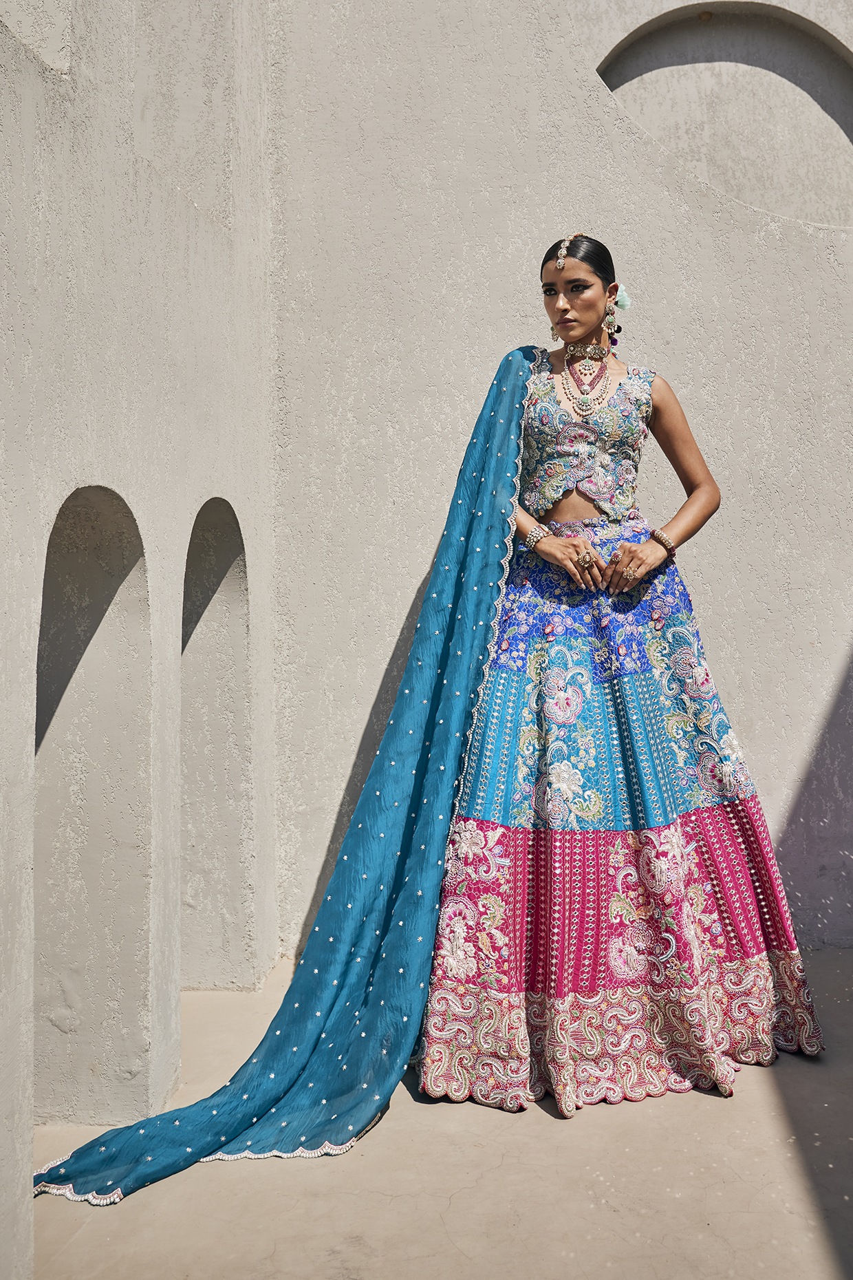 Multi-Colored Raw Silk Floral Hand Embroidered Bridal Lehenga Set by Anu Pellakuru at Pernia's Pop Up Shop
