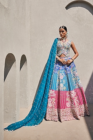 Multi-Colored Raw Silk Floral Hand Embroidered Lehenga Set by Anu Pellakuru