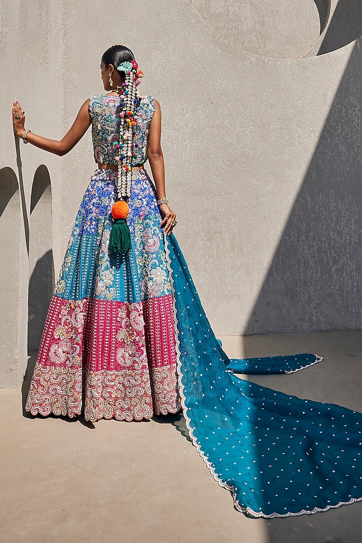 Multi-Colored Raw Silk Floral Hand Embroidered Bridal Lehenga Set by Anu Pellakuru at Pernia's Pop Up Shop