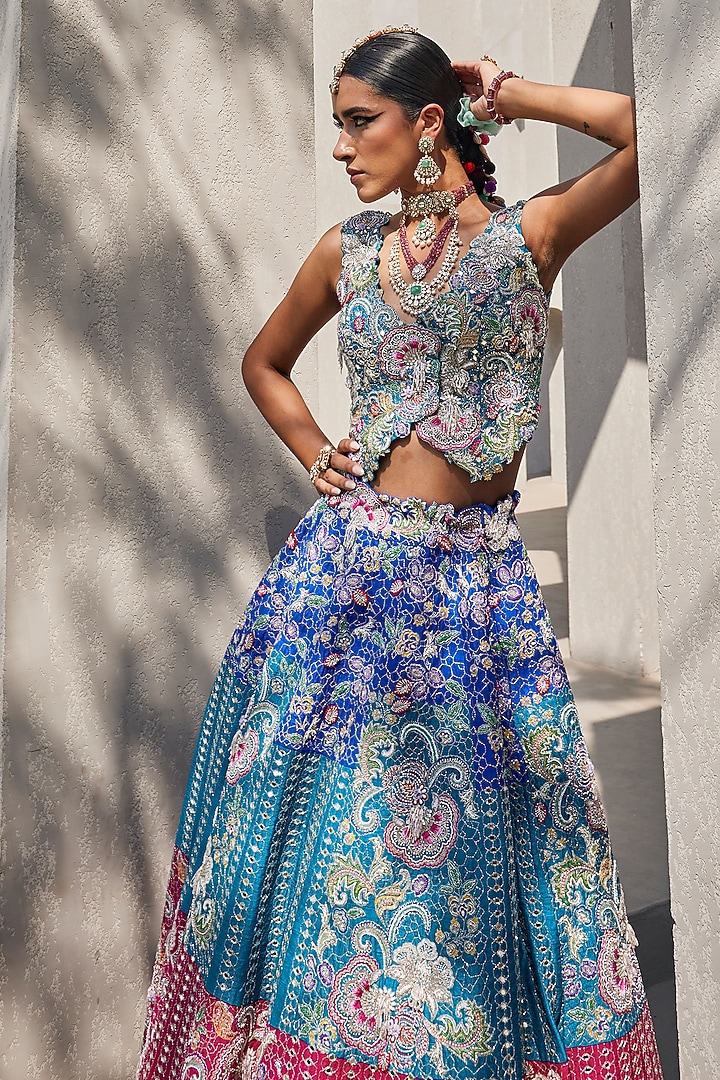 Multi-Colored Raw Silk Floral Hand Embroidered Bridal Lehenga Set by Anu Pellakuru at Pernia's Pop Up Shop