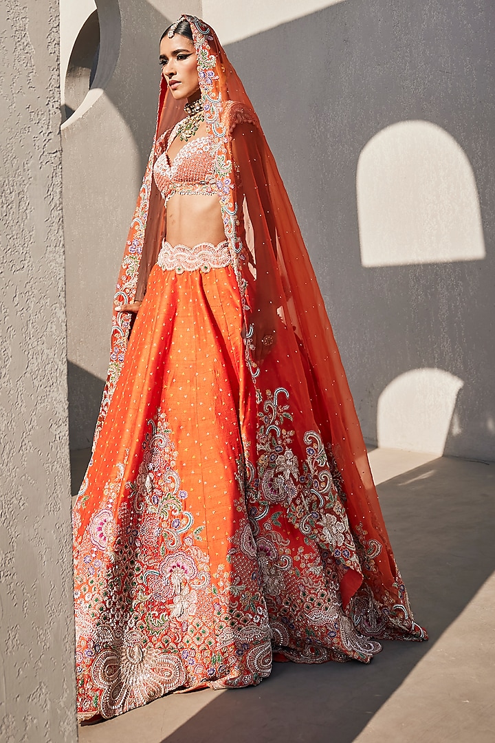 Orange Raw Silk Floral Hand Embroidered Bridal lehenga for 22 Lehenga Set by Anu Pellakuru at Pernia's Pop Up Shop