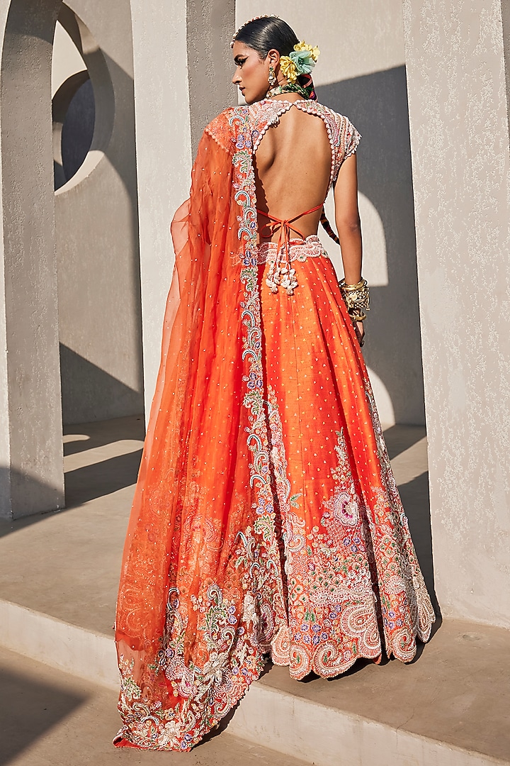 Orange Raw Silk Floral Hand Embroidered Bridal Lehenga Set by Anu Pellakuru at Pernia's Pop Up Shop