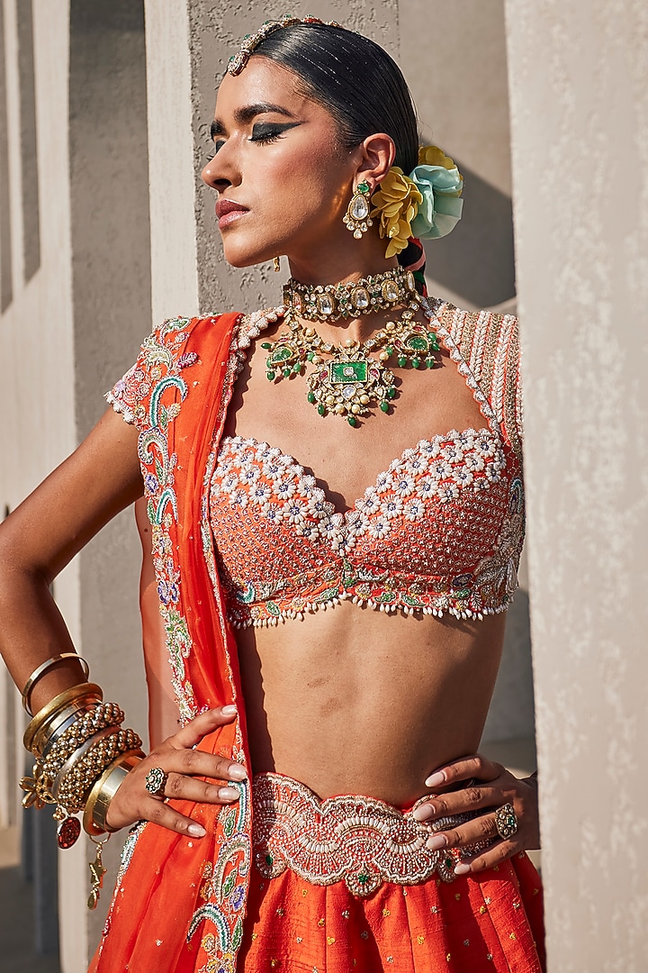 Orange Raw Silk Floral Hand Embroidered Bridal Lehenga Set by Anu Pellakuru at Pernia's Pop Up Shop