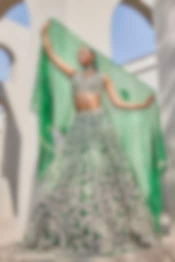 Emerald Green Raw Silk Resham Embroidered Bridal lehenga for 22 Lehenga Set by Anu Pellakuru at Pernia's Pop Up Shop