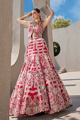 Scarlet Red Raw Silk Floral Hand Embroidered Lehenga Set by Anu Pellakuru