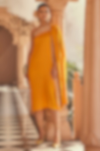 Mango Yellow Pure Silk Tonal Embroidered One-Shoulder Tunic by Anu Pellakuru at Pernia's Pop Up Shop