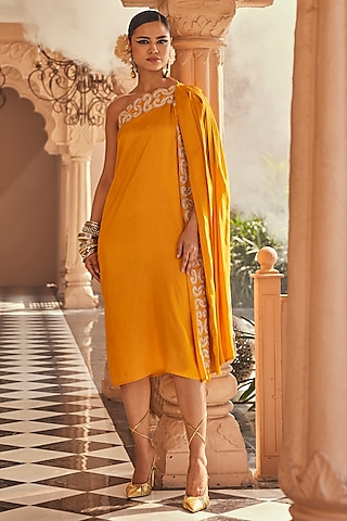 Mango Yellow Pure Silk Tonal Embroidered One-Shoulder Tunic by Anu Pellakuru
