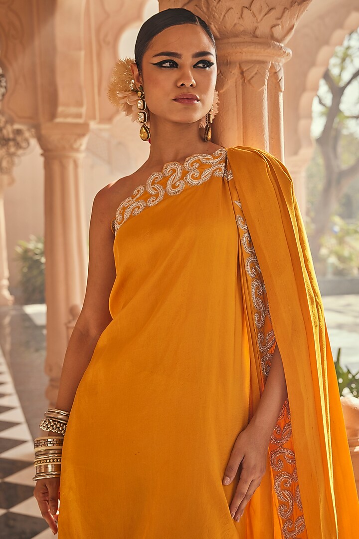 Mango Yellow Pure Silk Tonal Embroidered One-Shoulder Tunic by Anu Pellakuru at Pernia's Pop Up Shop