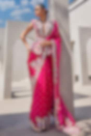 Hot Pink Organza Resham Embroidered Bridal Saree Set by Anu Pellakuru at Pernia's Pop Up Shop