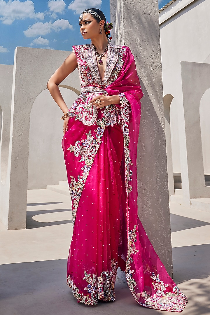 Hot Pink Organza Resham Embroidered Bridal Saree Set by Anu Pellakuru at Pernia's Pop Up Shop