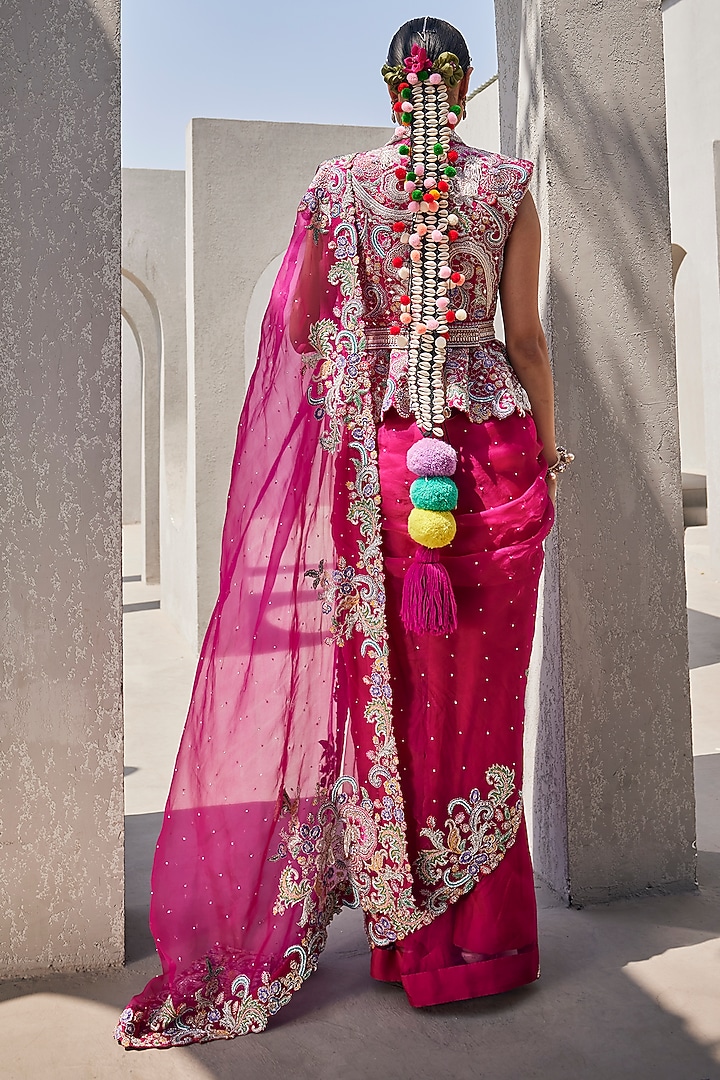 Hot Pink Organza Resham Embroidered Bridal Saree Set by Anu Pellakuru at Pernia's Pop Up Shop