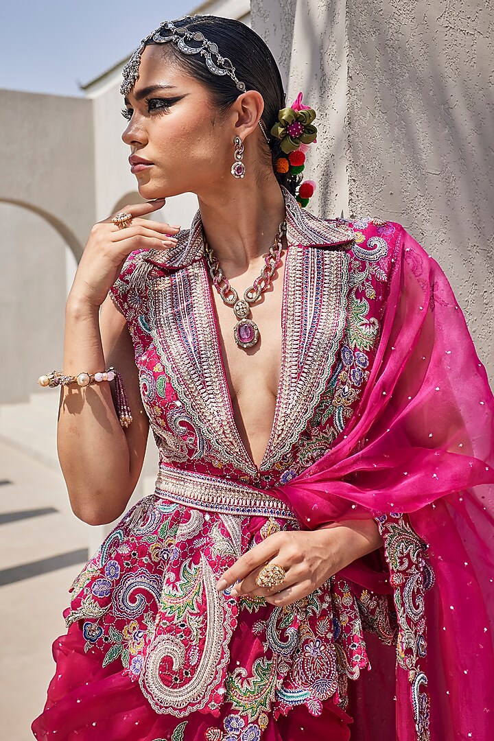 Hot Pink Organza Resham Embroidered Bridal Saree Set by Anu Pellakuru at Pernia's Pop Up Shop
