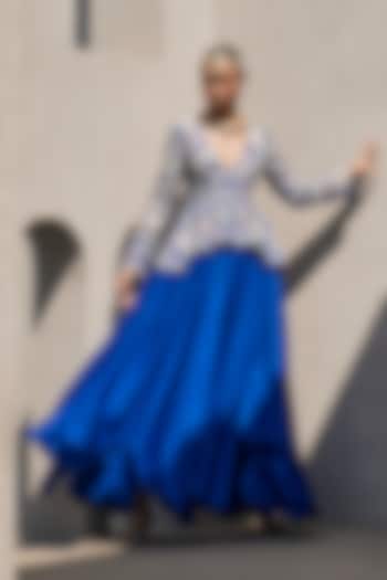 Electric Blue Raw Silk & Satin Chiffon Floral Hand Embroidered Peplum Wedding Gown by Anu Pellakuru at Pernia's Pop Up Shop
