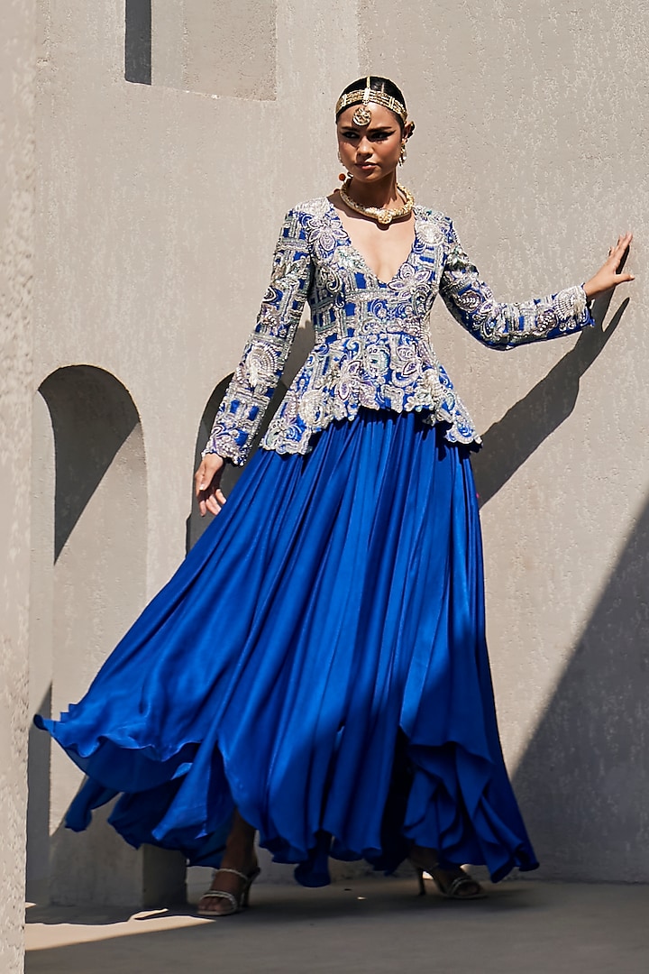 Electric Blue Raw Silk & Satin Chiffon Floral Hand Embroidered Peplum Wedding Gown by Anu Pellakuru at Pernia's Pop Up Shop