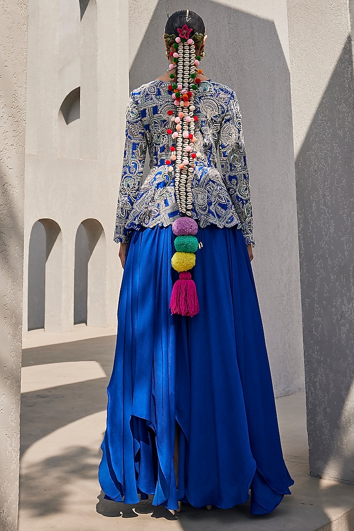 Electric Blue Raw Silk & Satin Chiffon Floral Hand Embroidered Peplum Wedding Gown by Anu Pellakuru at Pernia's Pop Up Shop