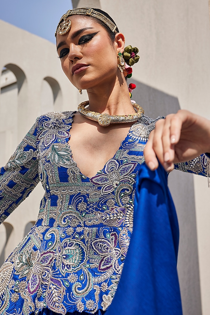 Electric Blue Raw Silk & Satin Chiffon Floral Hand Embroidered Peplum Wedding Gown by Anu Pellakuru at Pernia's Pop Up Shop