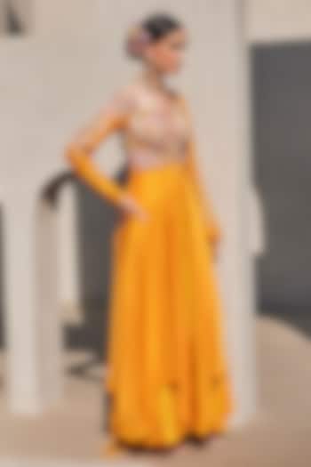 Mango Yellow Pure Silk & Satin Chiffon Floral Hand Embroidered Wedding Anarkali Set by Anu Pellakuru at Pernia's Pop Up Shop