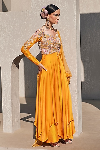 Mango Yellow Pure Silk & Satin Chiffon Floral Hand Embroidered Anarkali Set by Anu Pellakuru