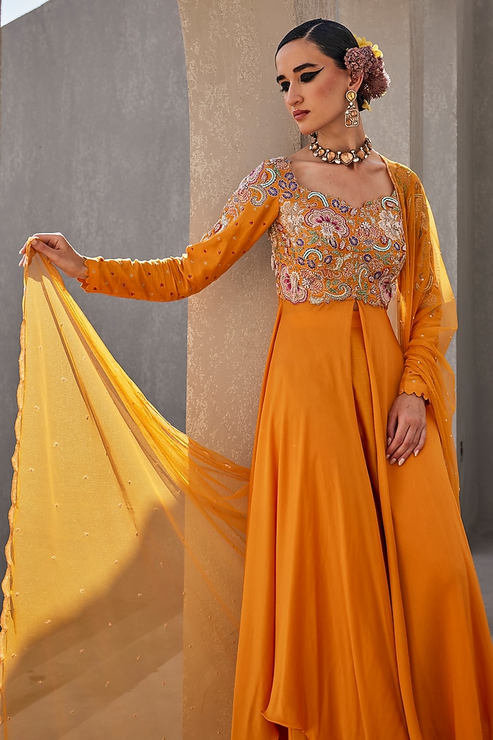 Mango Yellow Pure Silk & Satin Chiffon Floral Hand Embroidered Wedding Anarkali Set by Anu Pellakuru at Pernia's Pop Up Shop