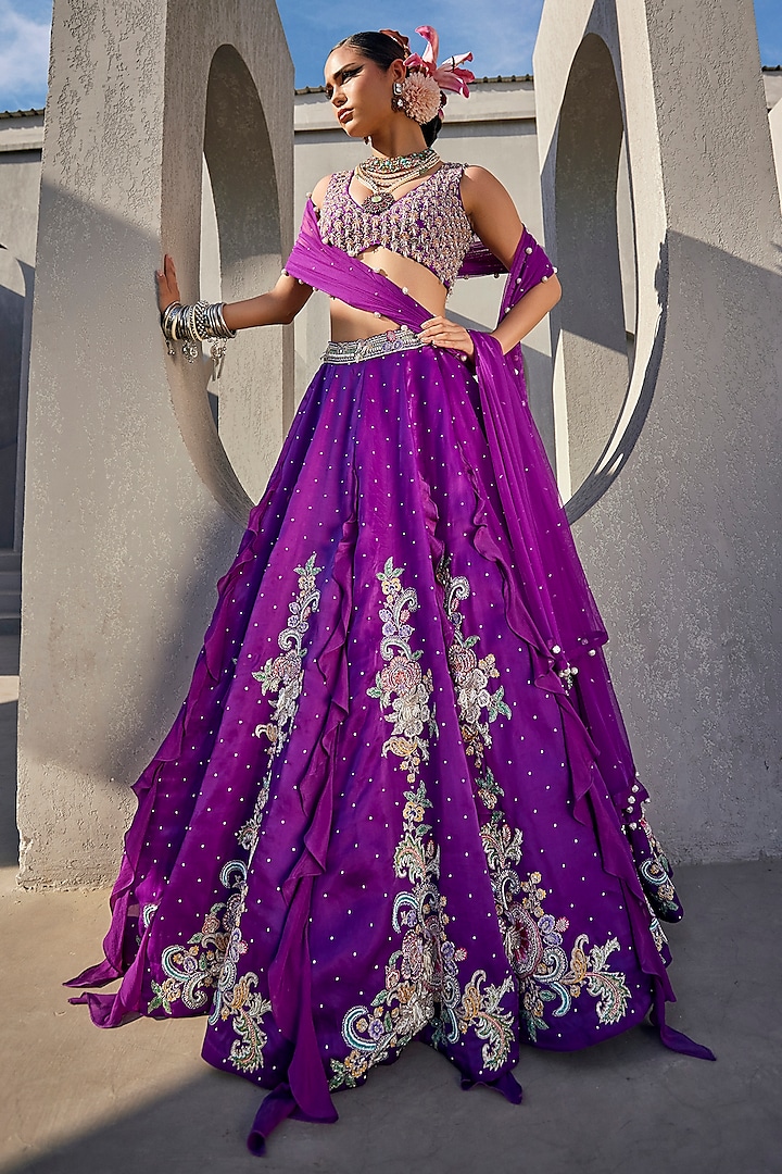 Bright Purple Satin Organza & Chinon Chiffon Resham Embellished Bridal lehenga for 22 Lehenga Set by Anu Pellakuru at Pernia's Pop Up Shop