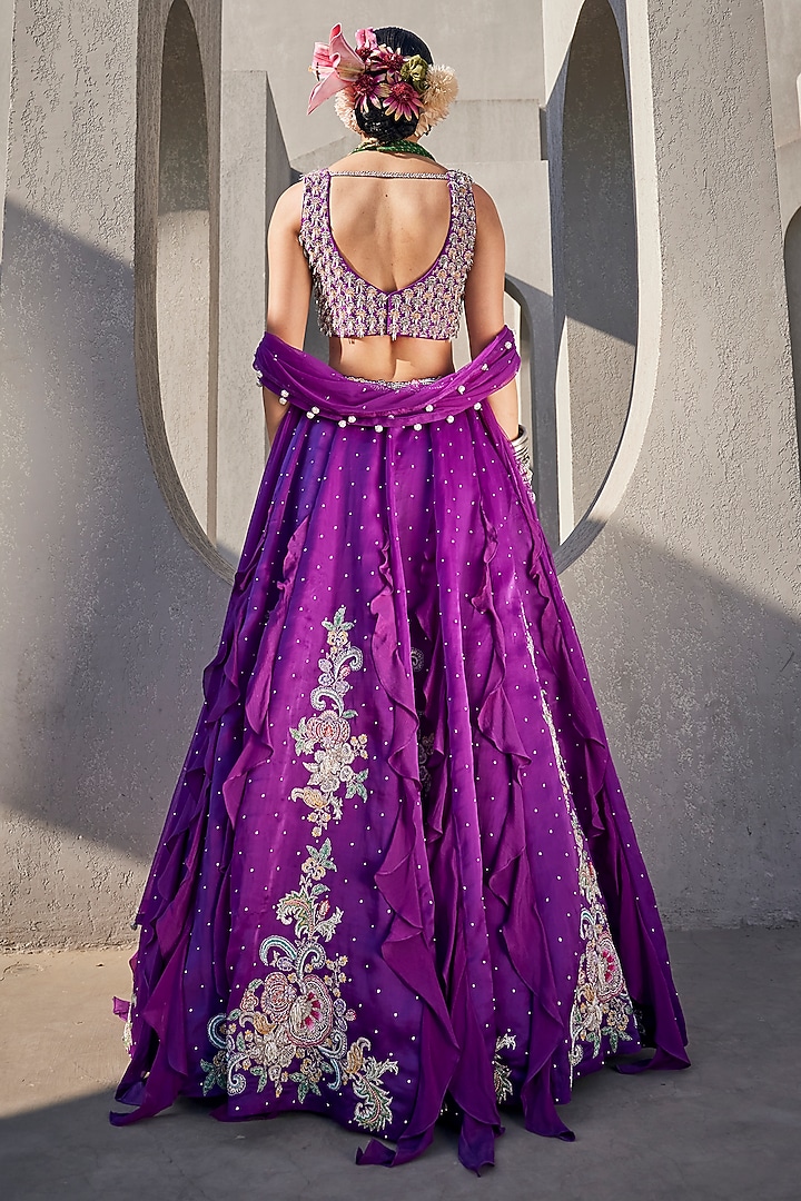 Bright Purple Satin Organza & Chinon Chiffon Resham Embellished Bridal Lehenga Set by Anu Pellakuru at Pernia's Pop Up Shop