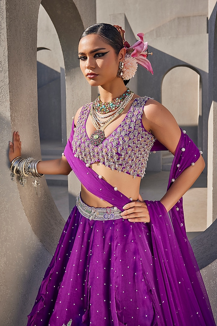 Bright Purple Satin Organza & Chinon Chiffon Resham Embellished Bridal Lehenga Set by Anu Pellakuru at Pernia's Pop Up Shop