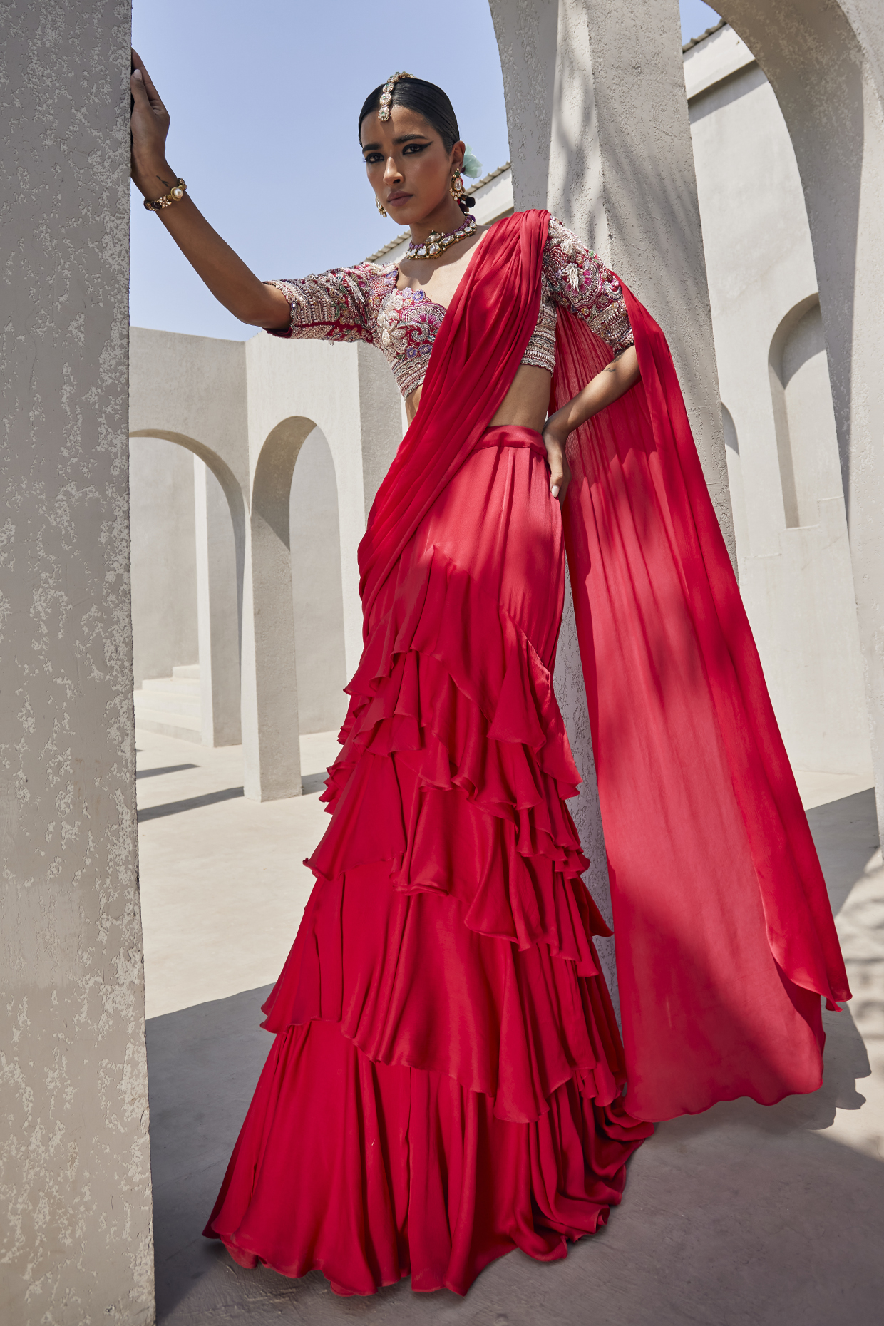 Scarlet Red Satin Chiffon Ruffled Layered Pre-Draped Reception Saree Set by Anu Pellakuru at Pernia's Pop Up Shop