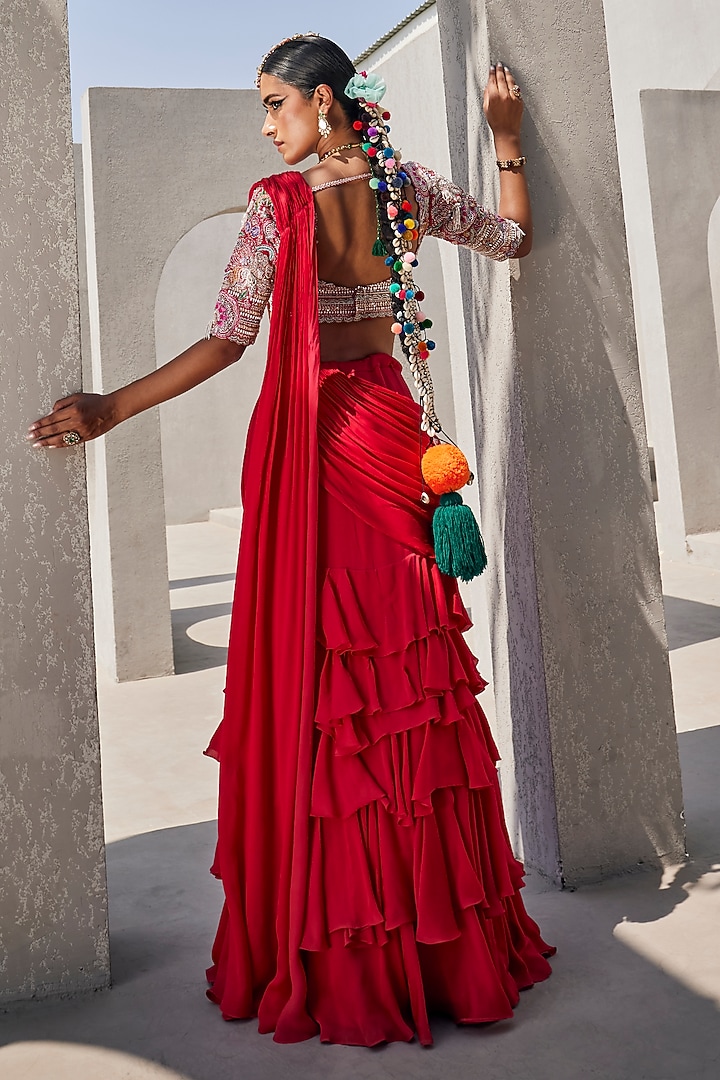 Scarlet Red Satin Chiffon Ruffled Layered Pre-Draped Reception Saree Set by Anu Pellakuru at Pernia's Pop Up Shop