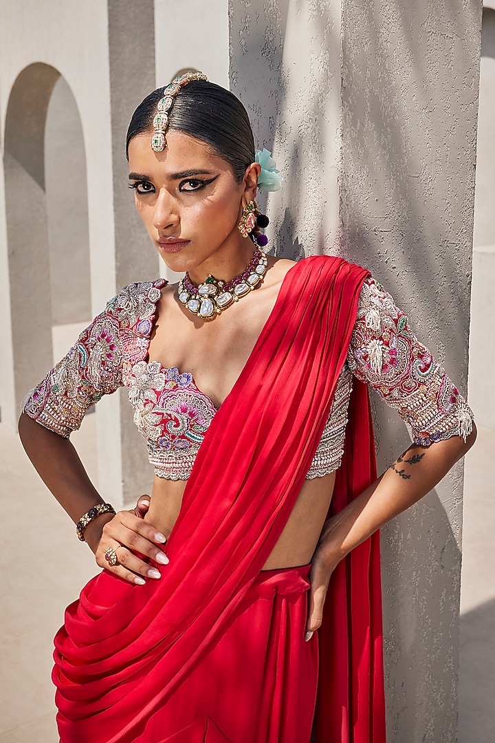 Scarlet Red Satin Chiffon Ruffled Layered Pre-Draped Reception Saree Set by Anu Pellakuru at Pernia's Pop Up Shop