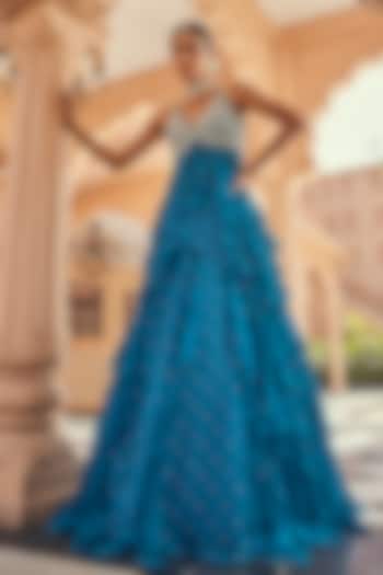 Turquoise Blue Georgette Pearl Embroidered Ruffled  dulhan bday 22 may Lehenga Set by Anu Pellakuru at Pernia's Pop Up Shop