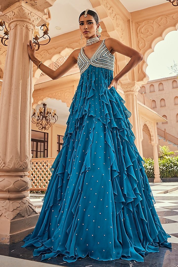 Turquoise Blue Georgette Pearl Embroidered Ruffled  dulhan bday 22 may Lehenga Set by Anu Pellakuru at Pernia's Pop Up Shop