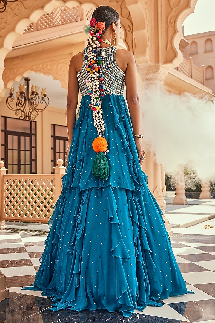 Turquoise Blue Georgette Pearl Embroidered Ruffled Wedding Lehenga Set by Anu Pellakuru at Pernia's Pop Up Shop