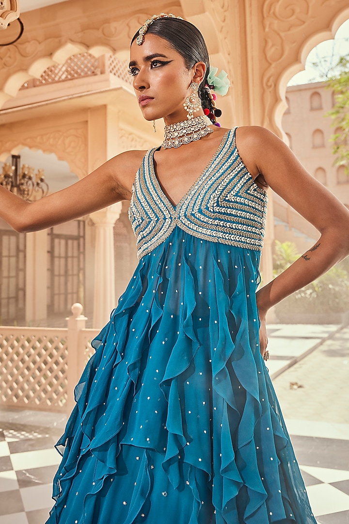 Turquoise Blue Georgette Pearl Embroidered Ruffled Wedding Lehenga Set by Anu Pellakuru at Pernia's Pop Up Shop
