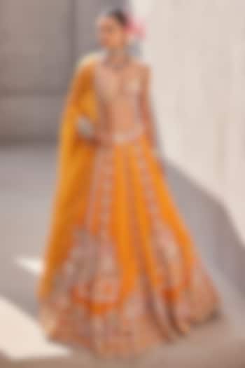 Mango Yellow Satin Organza Floral Hand Embroidered Bridal lehenga for 22 Lehenga Set by Anu Pellakuru at Pernia's Pop Up Shop