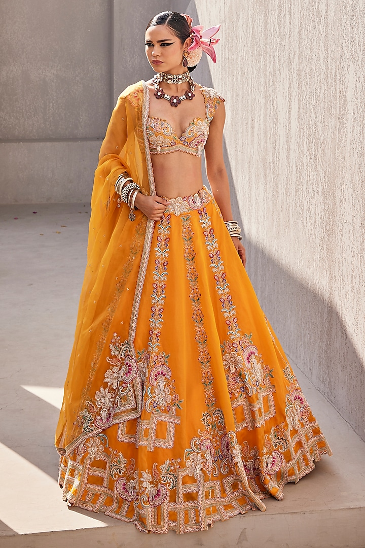 Mango Yellow Satin Organza Floral Hand Embroidered Bridal lehenga for 22 Lehenga Set by Anu Pellakuru at Pernia's Pop Up Shop