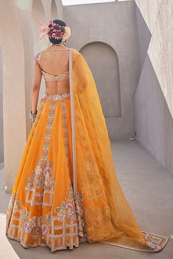 Mango Yellow Satin Organza Floral Hand Embroidered Bridal Lehenga Set by Anu Pellakuru at Pernia's Pop Up Shop