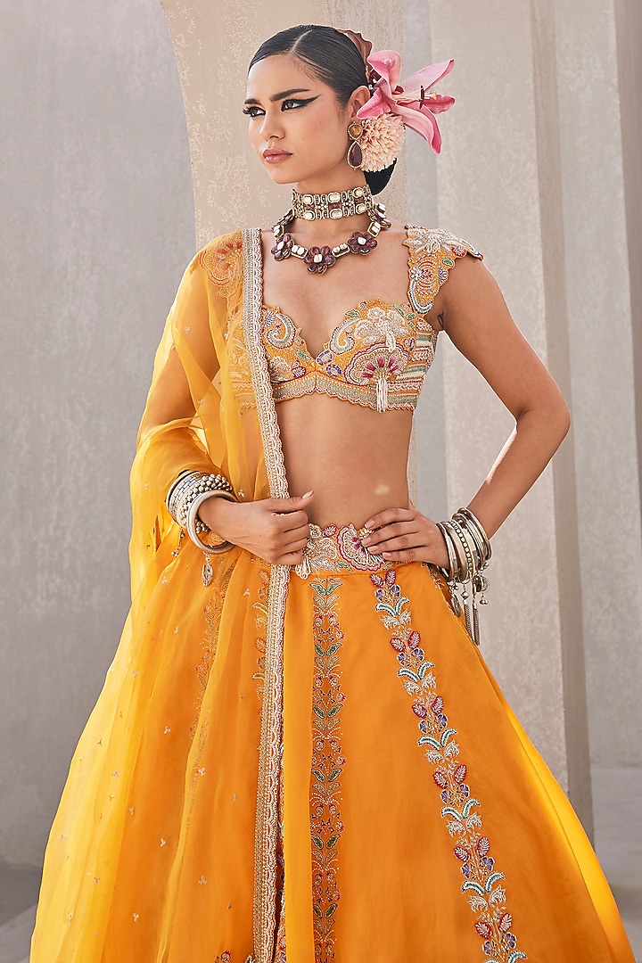 Mango Yellow Satin Organza Floral Hand Embroidered Bridal Lehenga Set by Anu Pellakuru at Pernia's Pop Up Shop