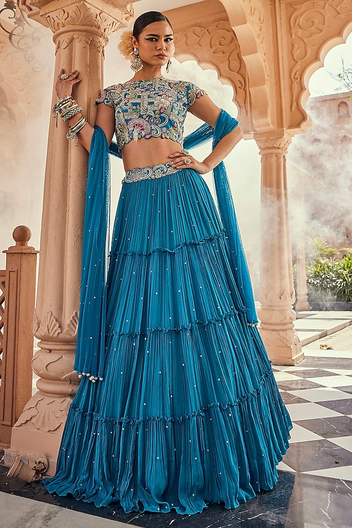 Turquoise Blue Chinon Chiffon Pearl Embroidered  dulhan bday 22 may Lehenga Set by Anu Pellakuru at Pernia's Pop Up Shop