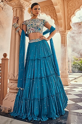 Turquoise Blue Chinon Chiffon Pearl Embroidered Lehenga Set by Anu Pellakuru