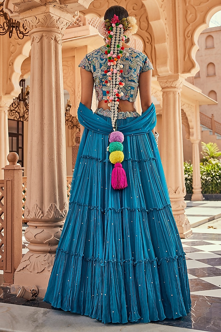 Turquoise Blue Chinon Chiffon Pearl Embroidered Wedding Lehenga Set by Anu Pellakuru at Pernia's Pop Up Shop