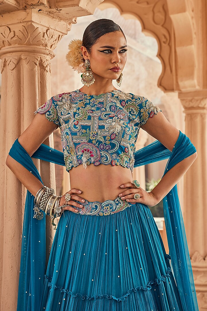 Turquoise Blue Chinon Chiffon Pearl Embroidered Wedding Lehenga Set by Anu Pellakuru at Pernia's Pop Up Shop