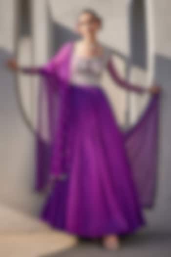 Bright Purple Raw Silk & Chinon Chiffon Floral Embroidered Wedding Anarkali Set by Anu Pellakuru at Pernia's Pop Up Shop