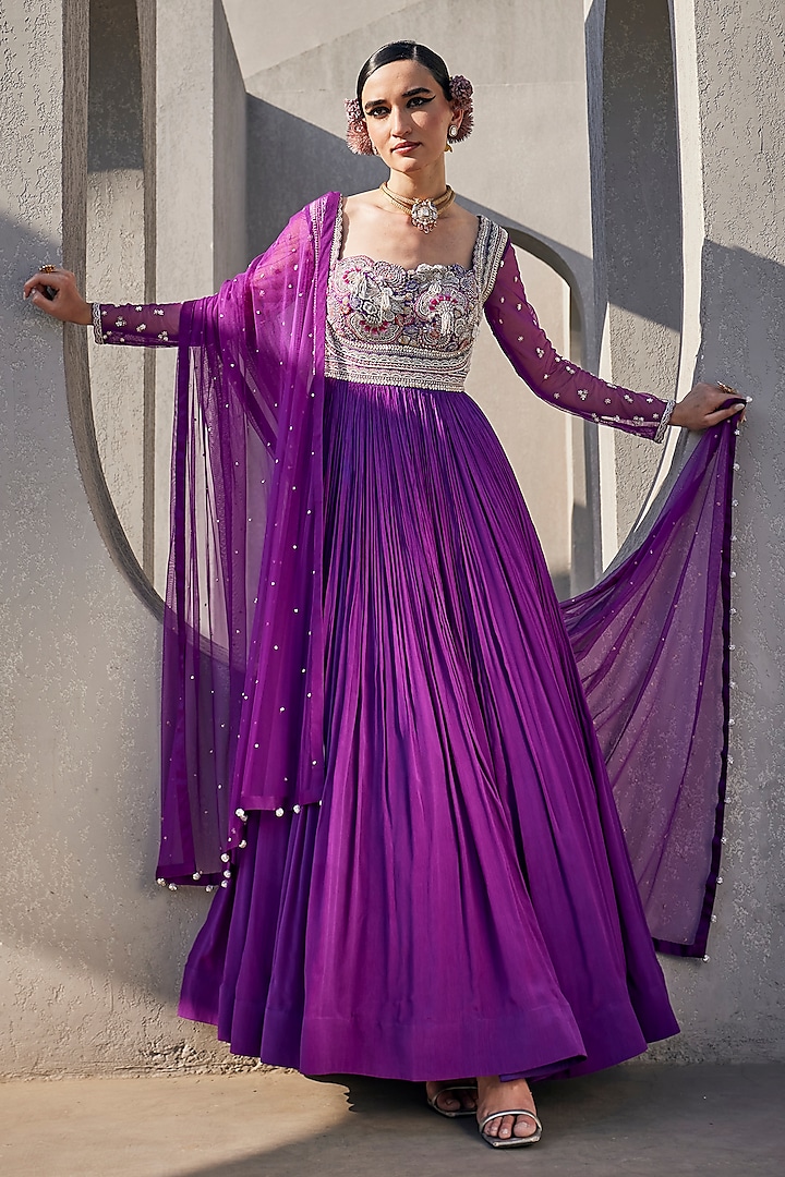 Bright Purple Raw Silk & Chinon Chiffon Floral Embroidered Wedding Anarkali Set by Anu Pellakuru at Pernia's Pop Up Shop