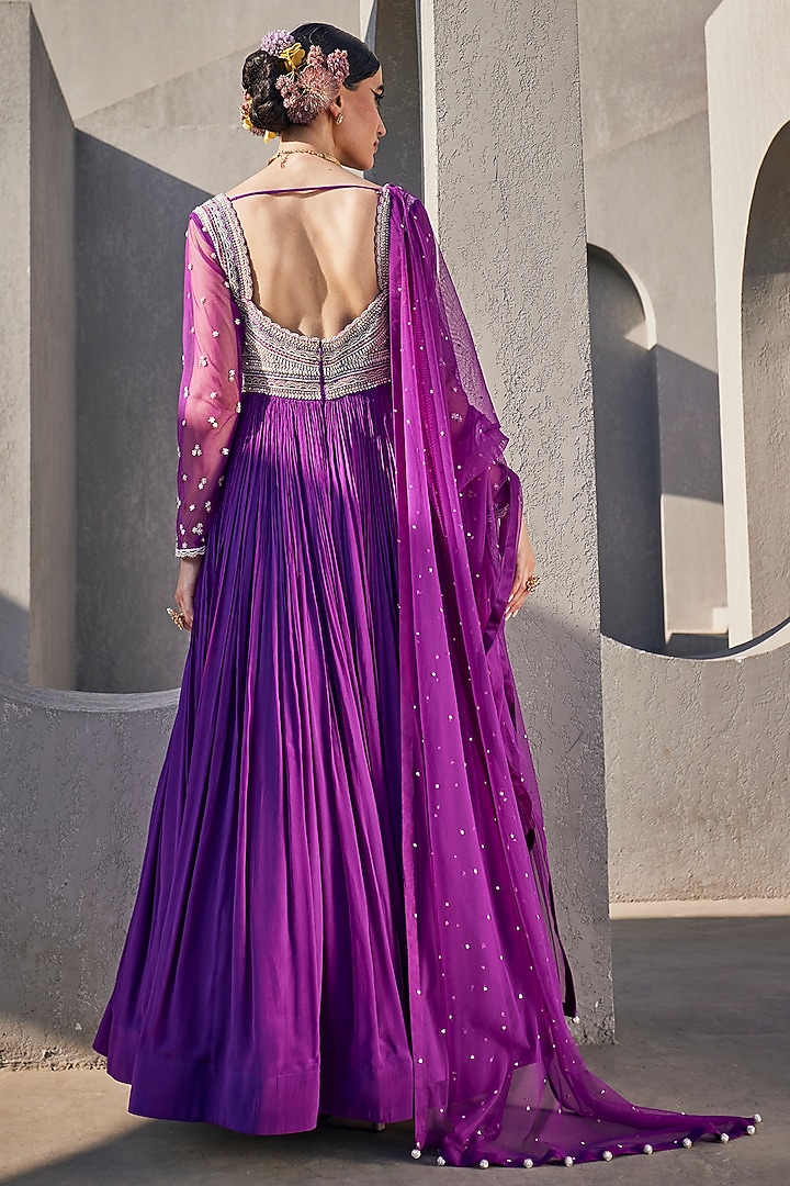 Bright Purple Raw Silk & Chinon Chiffon Floral Embroidered Wedding Anarkali Set by Anu Pellakuru at Pernia's Pop Up Shop