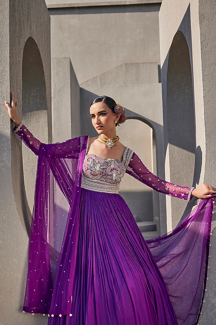 Bright Purple Raw Silk & Chinon Chiffon Floral Embroidered Wedding Anarkali Set by Anu Pellakuru at Pernia's Pop Up Shop
