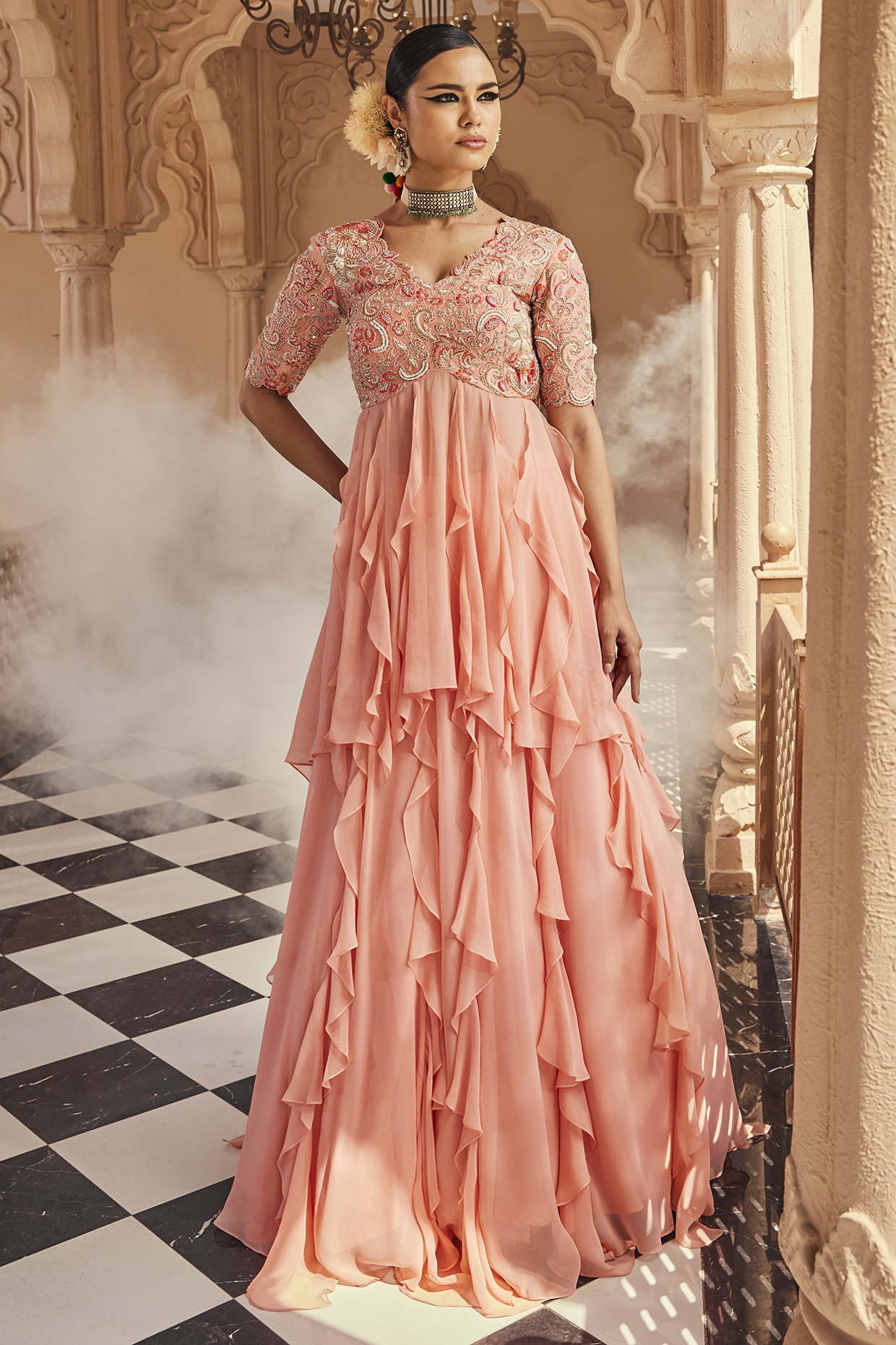 Peach Pink Georgette Ruffled Wedding Lehenga Set by Anu Pellakuru at Pernia's Pop Up Shop