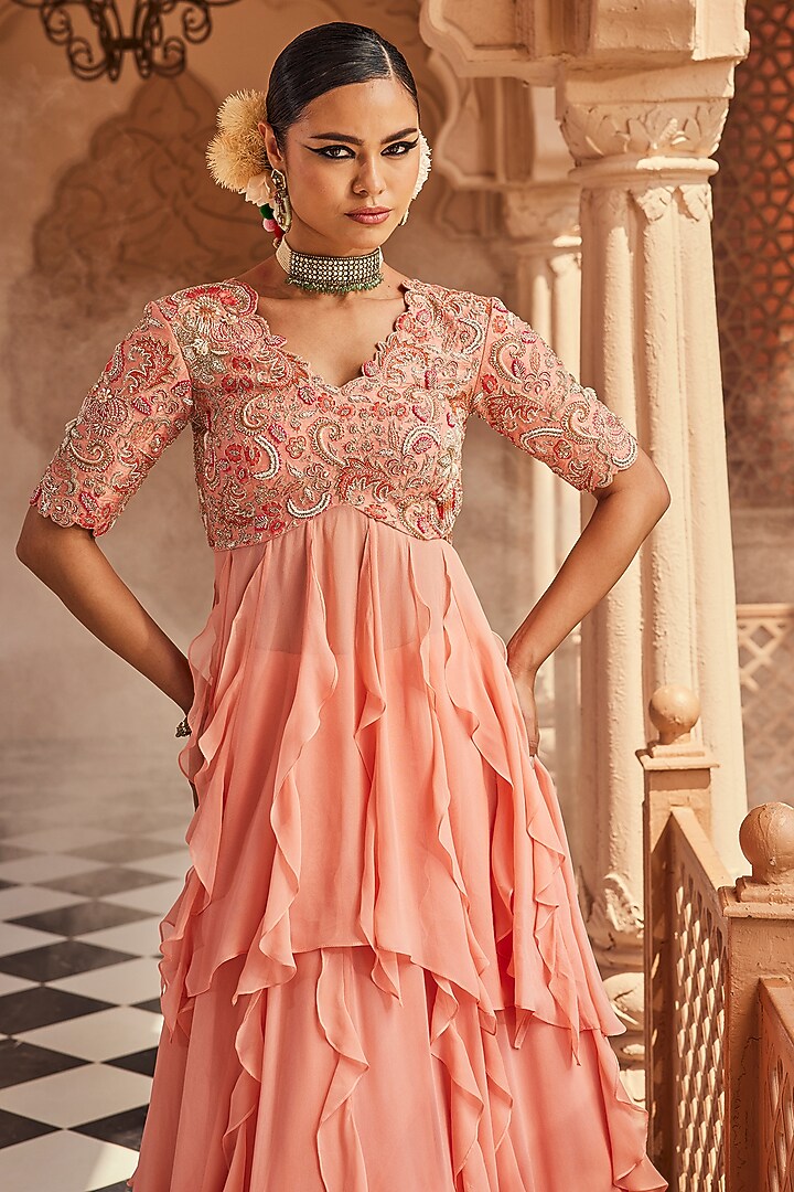 Peach Pink Georgette Ruffled Wedding Lehenga Set by Anu Pellakuru at Pernia's Pop Up Shop
